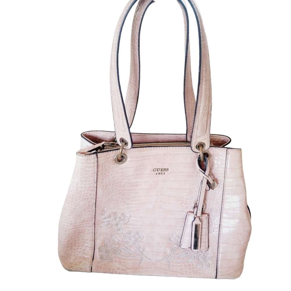 Guess Embroidered Pink Alligator Embossed Tote Bag